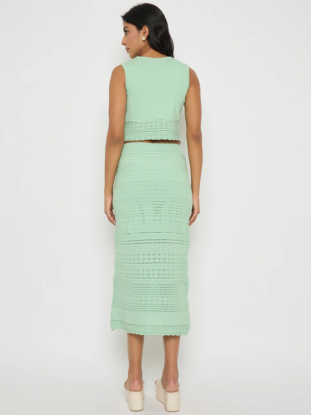 Madame Schiffli Top and Skirt Green Cotton Knit Co-ord Set - Image 6