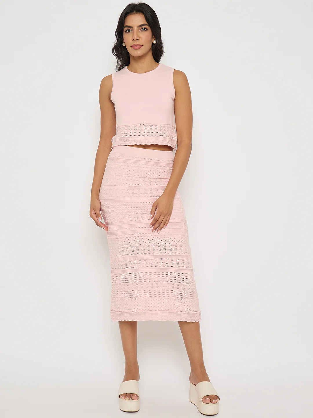 Madame Schiffli Top and Skirt Pink Cotton Knit Co-ord Set - Image 3