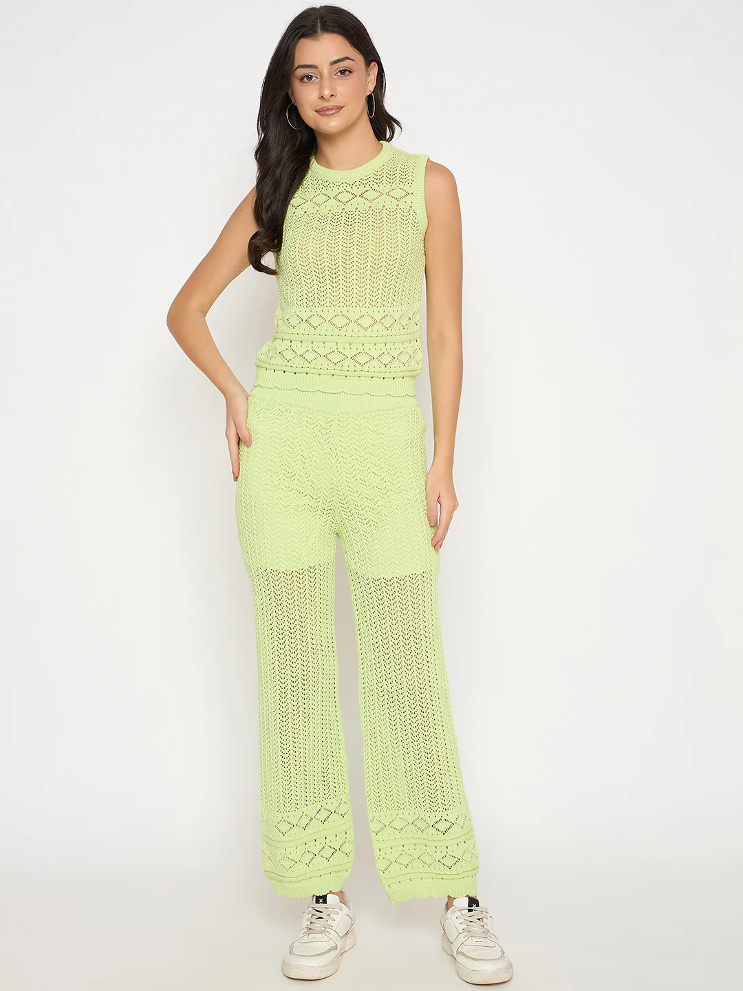 Madame Cotton Top and Bottom Lime Yellow Knitted Co-ord Set