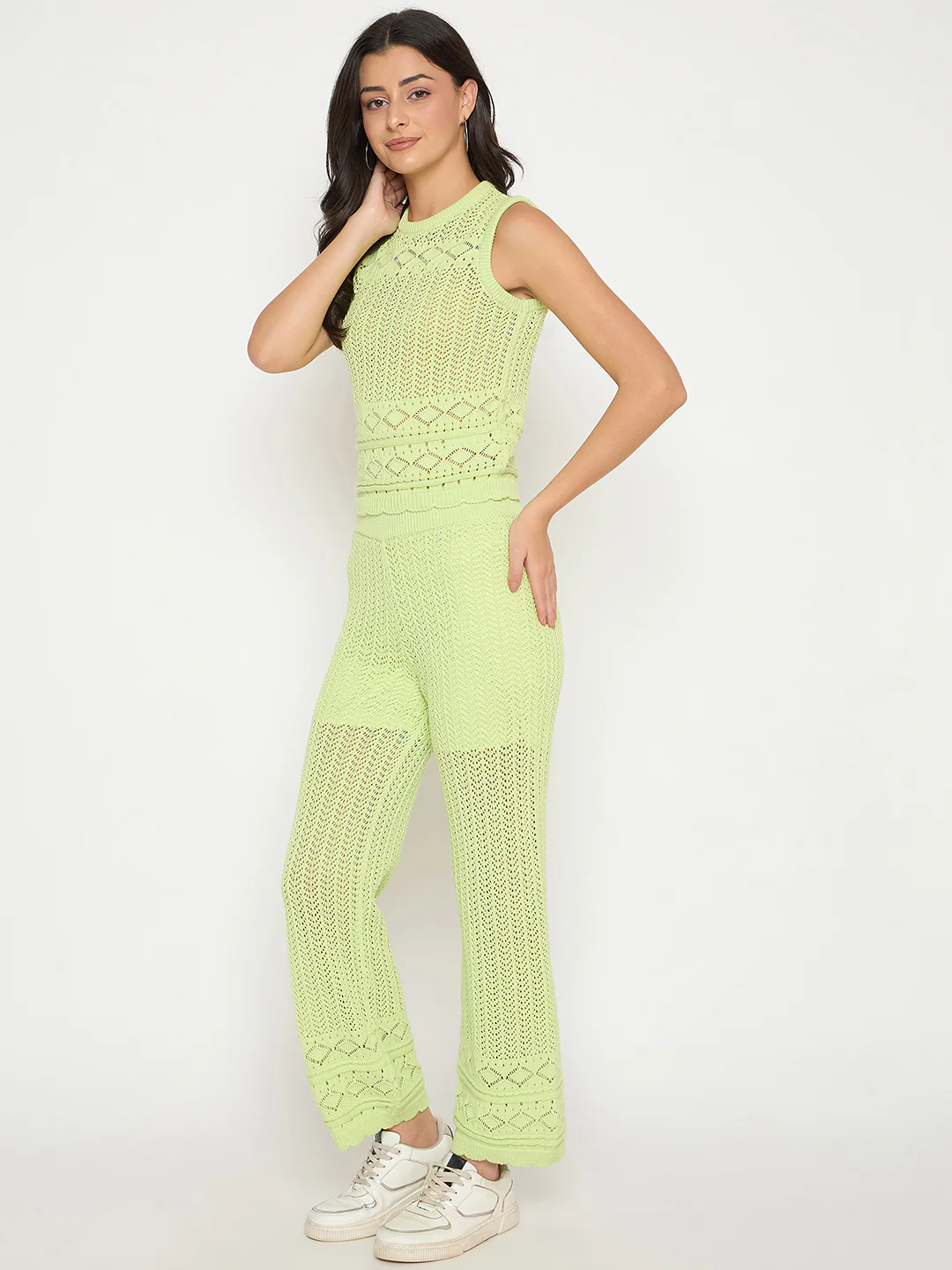 Madame Cotton Top and Bottom Lime Yellow Knitted Co-ord Set - Image 3