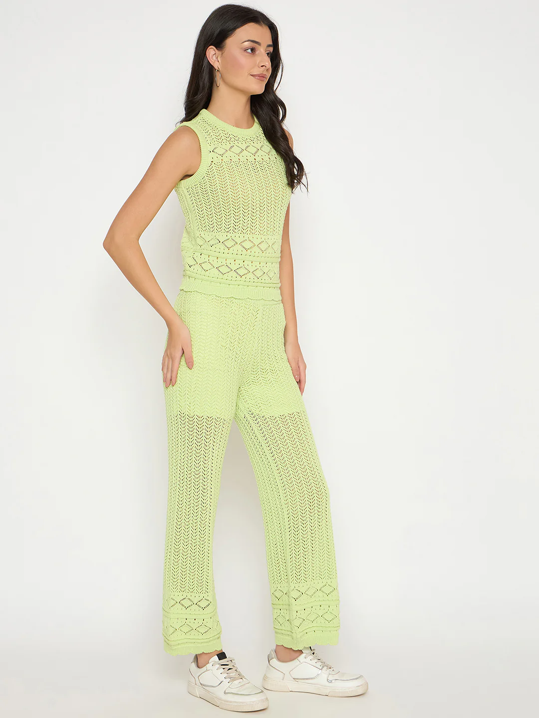 Madame Cotton Top and Bottom Lime Yellow Knitted Co-ord Set - Image 4
