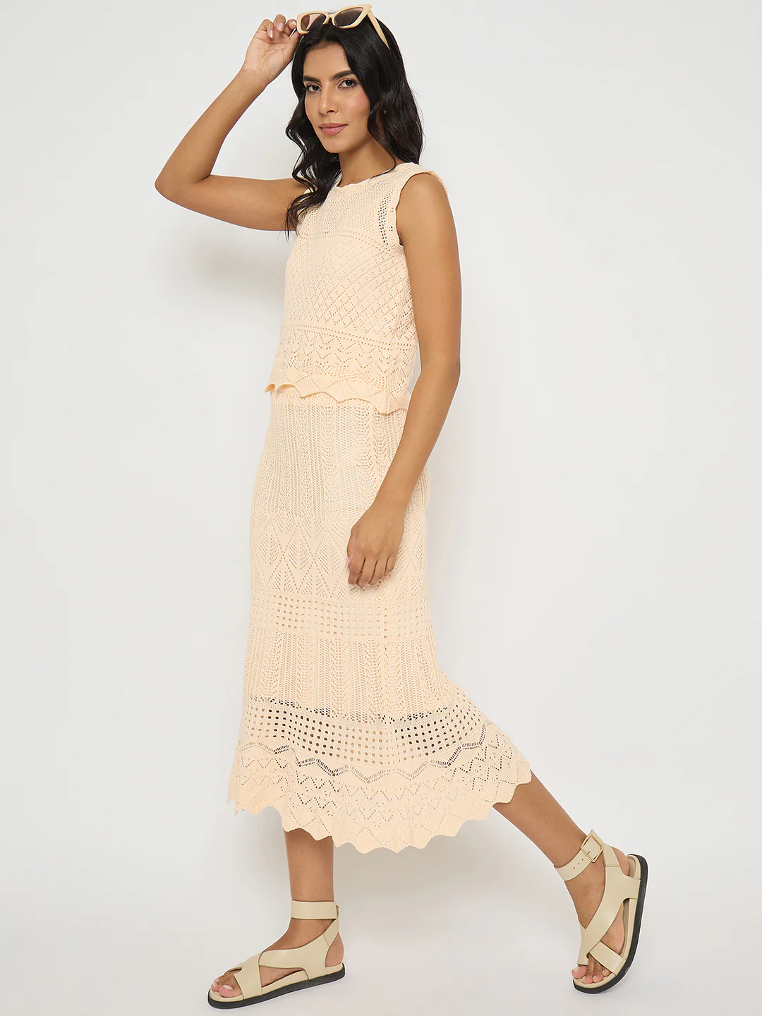 Madame Semi Sheer Top and Skirt Peach Cotton Co-ord Set