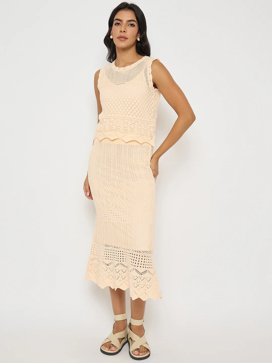 Madame Semi Sheer Top and Skirt Peach Cotton Co-ord Set - Image 3