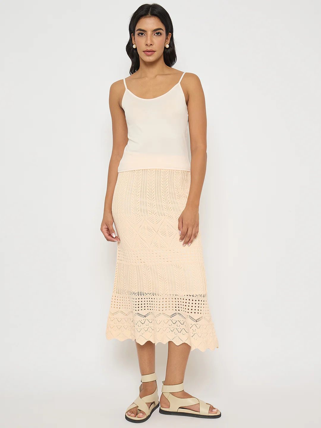 Madame Semi Sheer Top and Skirt Peach Cotton Co-ord Set - Image 6