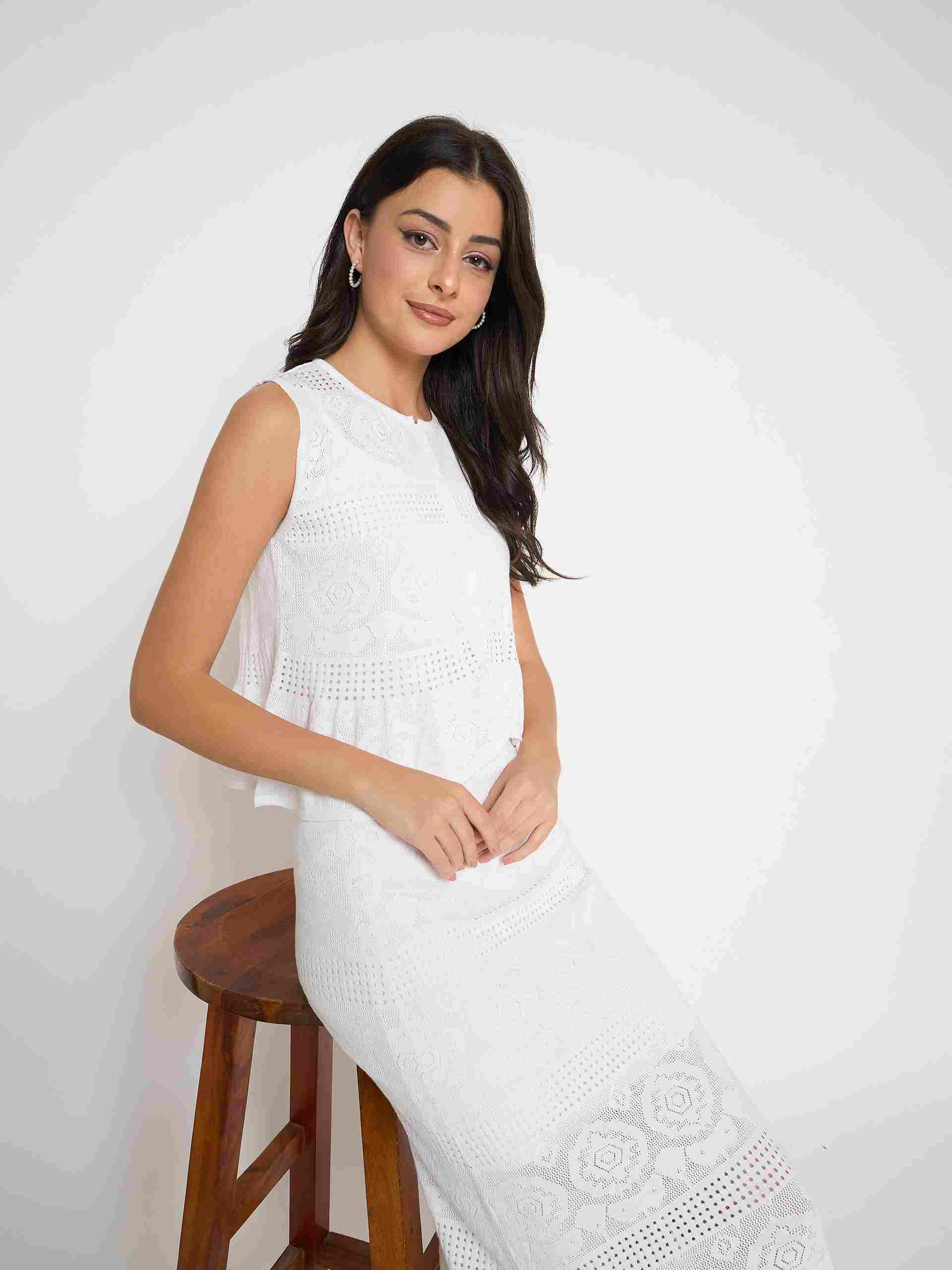 Madame Viscose Blend Top and Wide Leg Bottoms White Knitted Co-ord Set - Image 2
