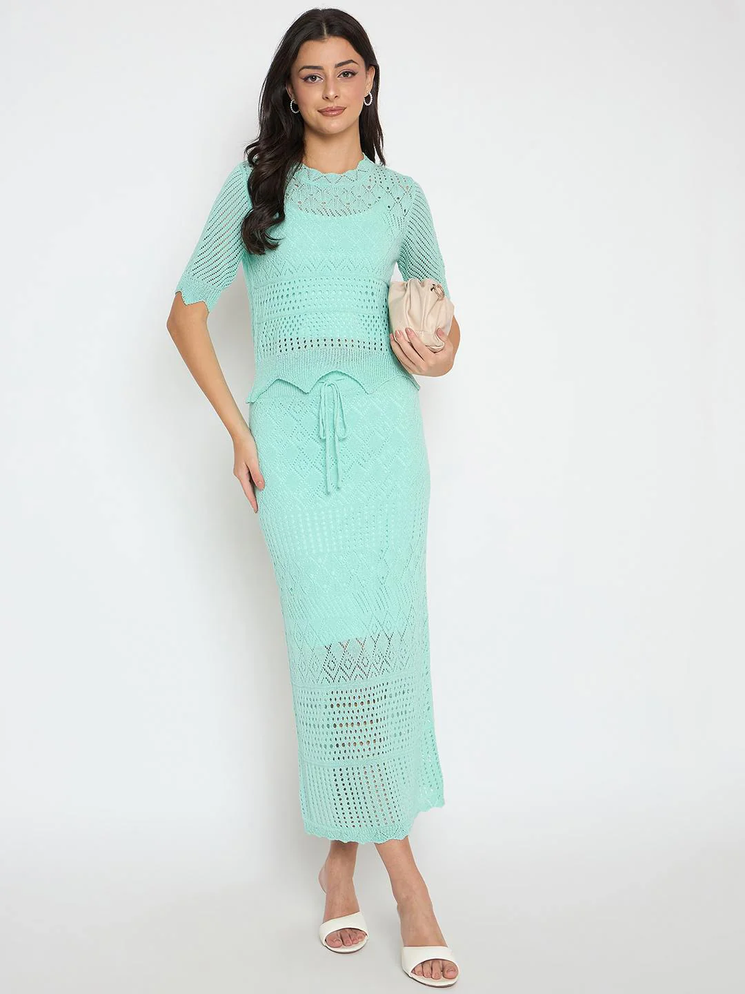 Madame Semi Sheer Top and Skirt Powder Blue Knitted Co-ord Set