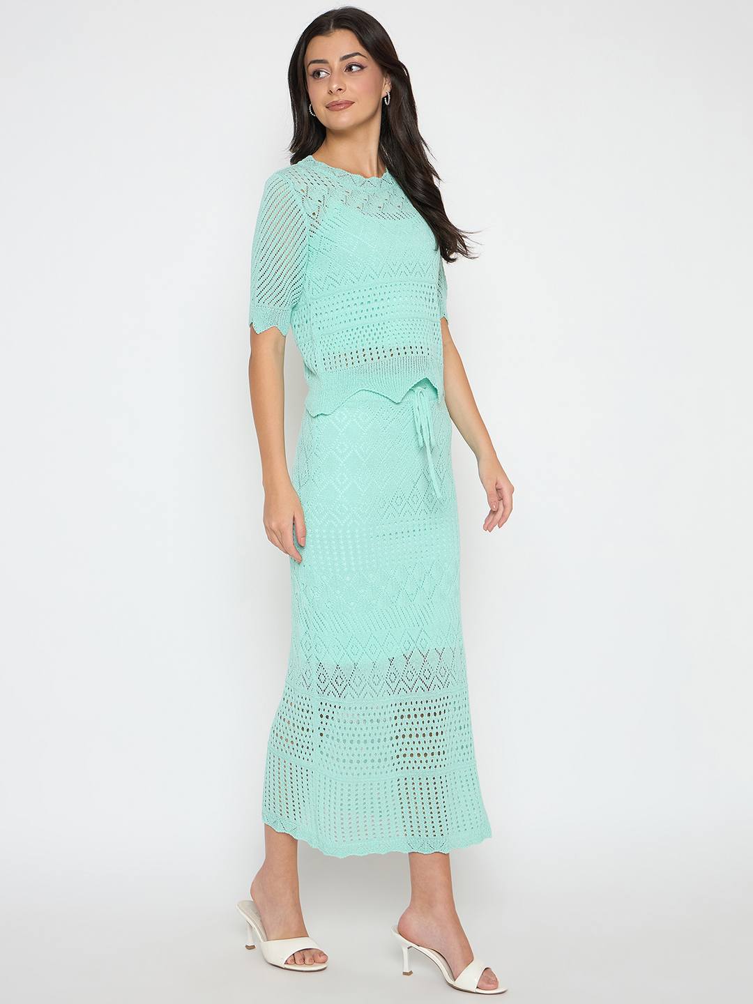 Madame Semi Sheer Top and Skirt Powder Blue Knitted Co-ord Set - Image 3