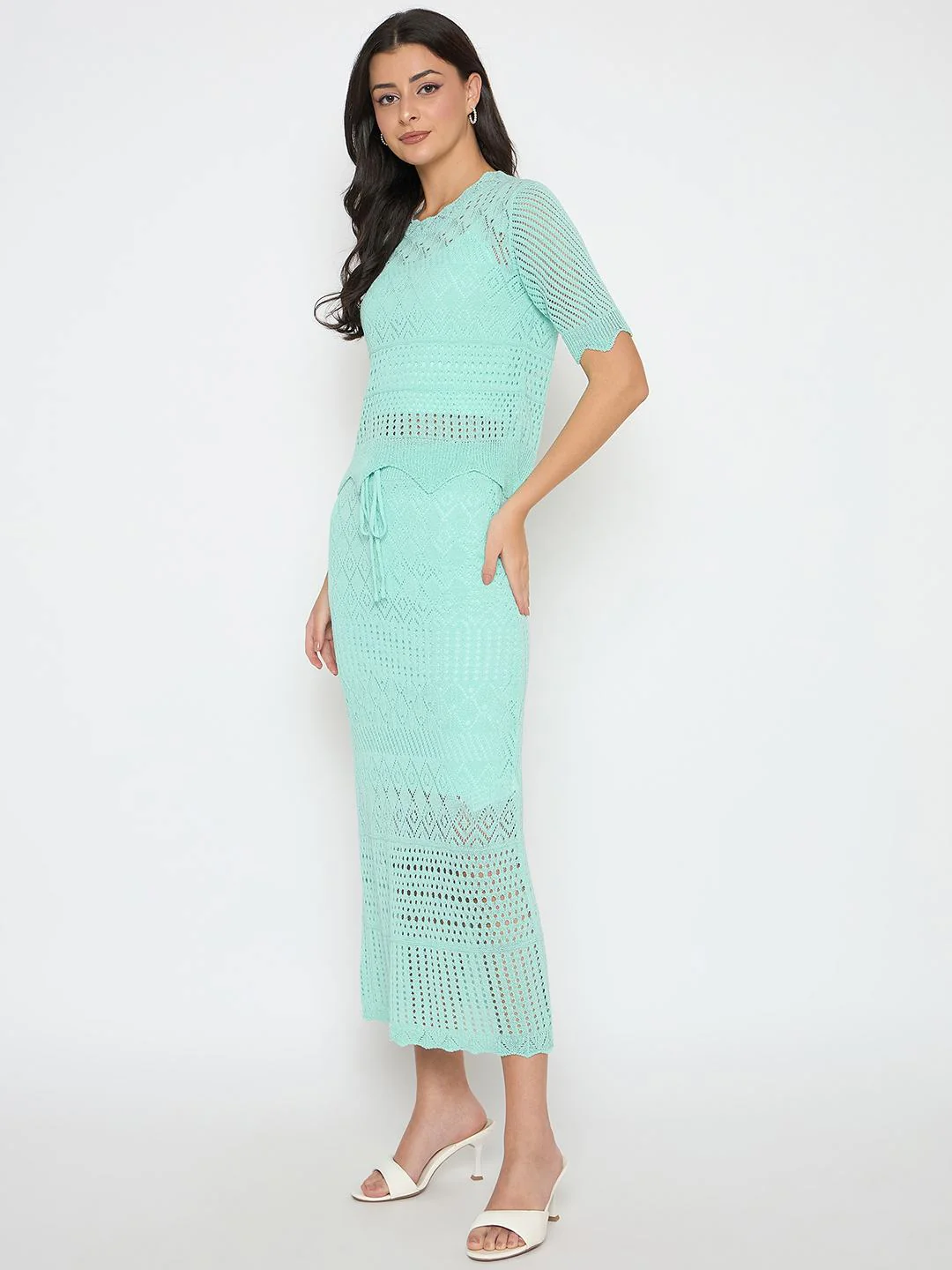 Madame Semi Sheer Top and Skirt Powder Blue Knitted Co-ord Set - Image 4