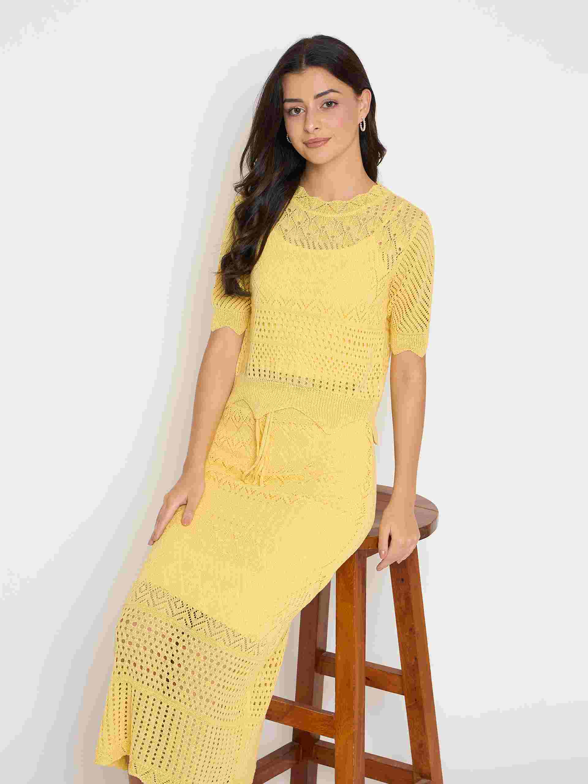 Madame Acrylic Blend Top and Skirt Yellow Knitted Co-ord Set - Image 2