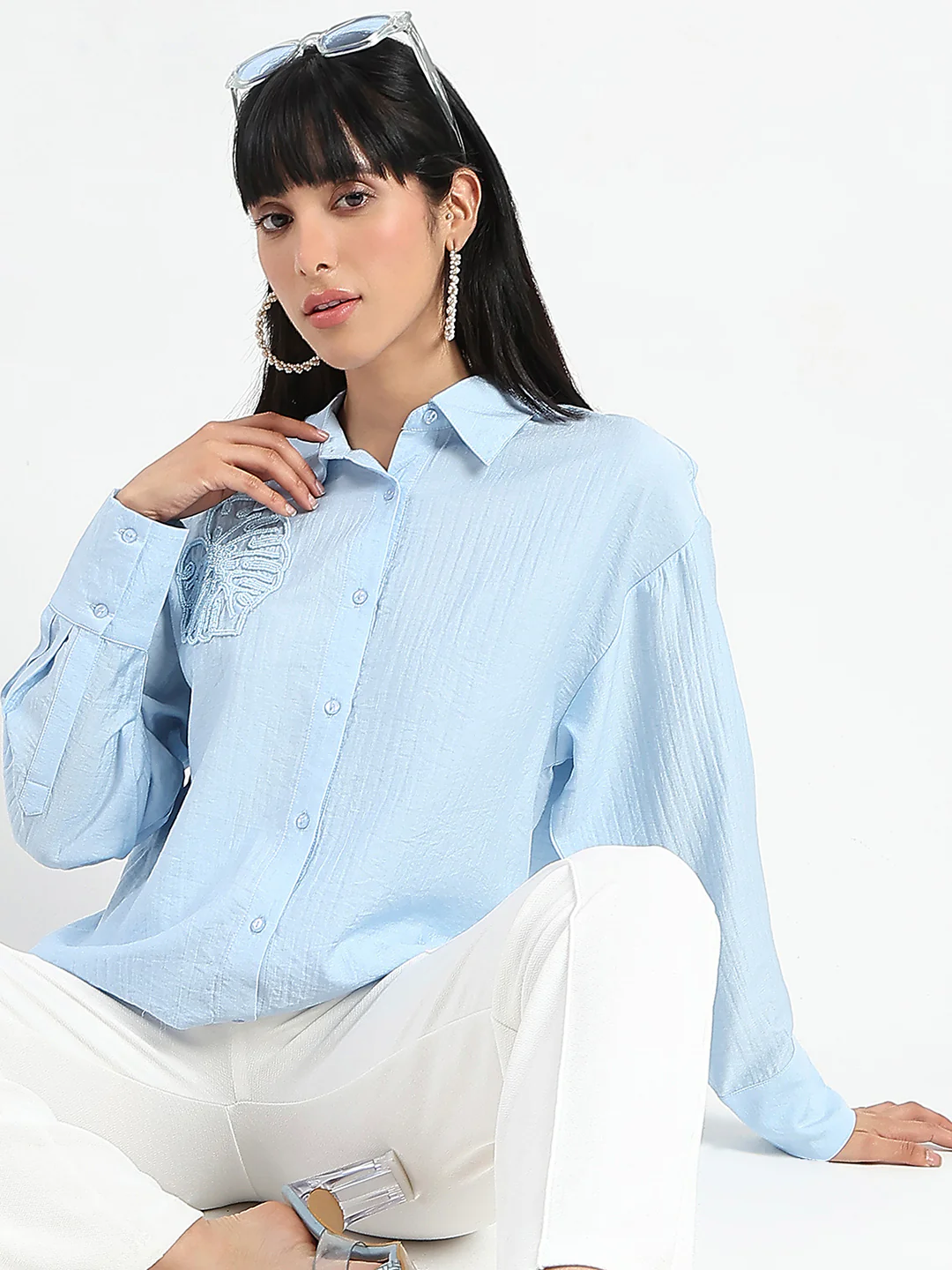 Madame Botanical Embroidery Blue Rayon Blend Shirt