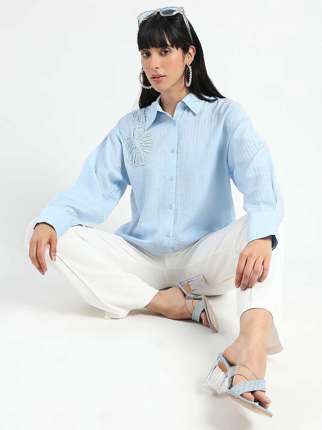 Madame Botanical Embroidery Blue Rayon Blend Shirt - Image 2