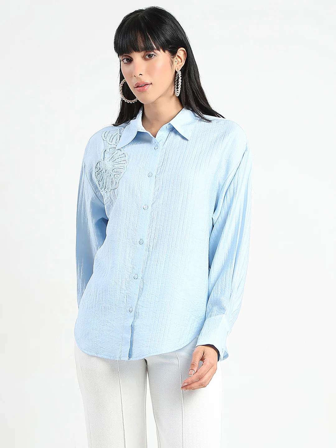 Madame Botanical Embroidery Blue Rayon Blend Shirt - Image 3