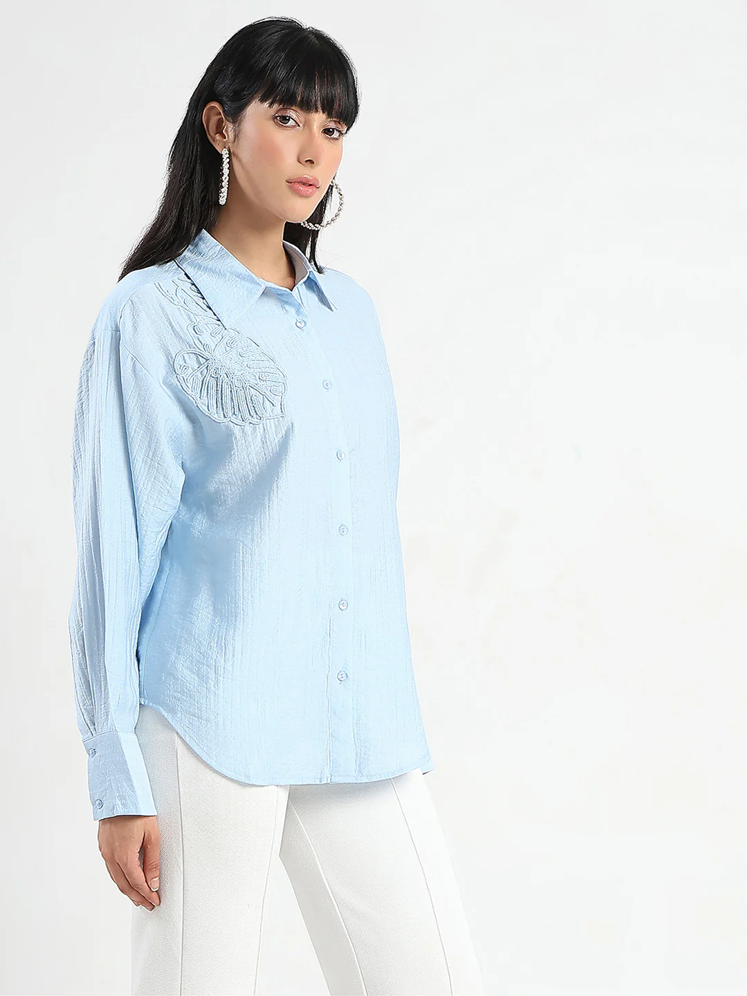 Madame Botanical Embroidery Blue Rayon Blend Shirt - Image 4