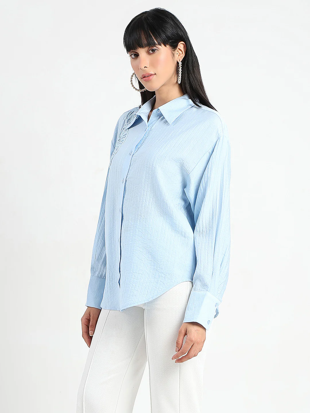 Madame Botanical Embroidery Blue Rayon Blend Shirt - Image 5
