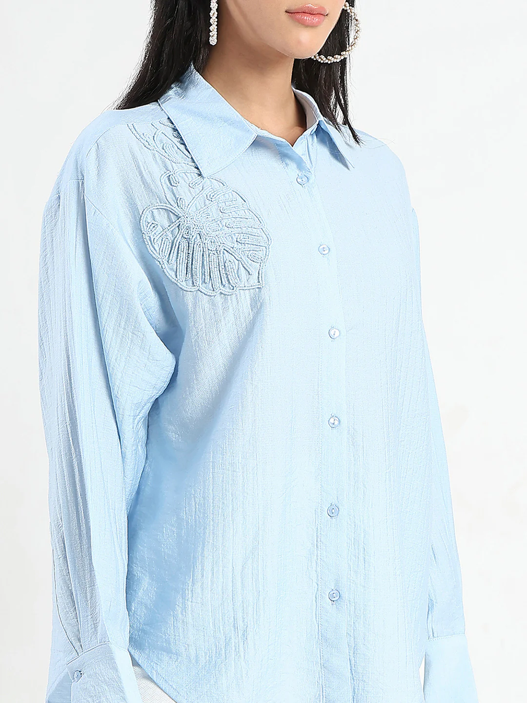 Madame Botanical Embroidery Blue Rayon Blend Shirt - Image 7