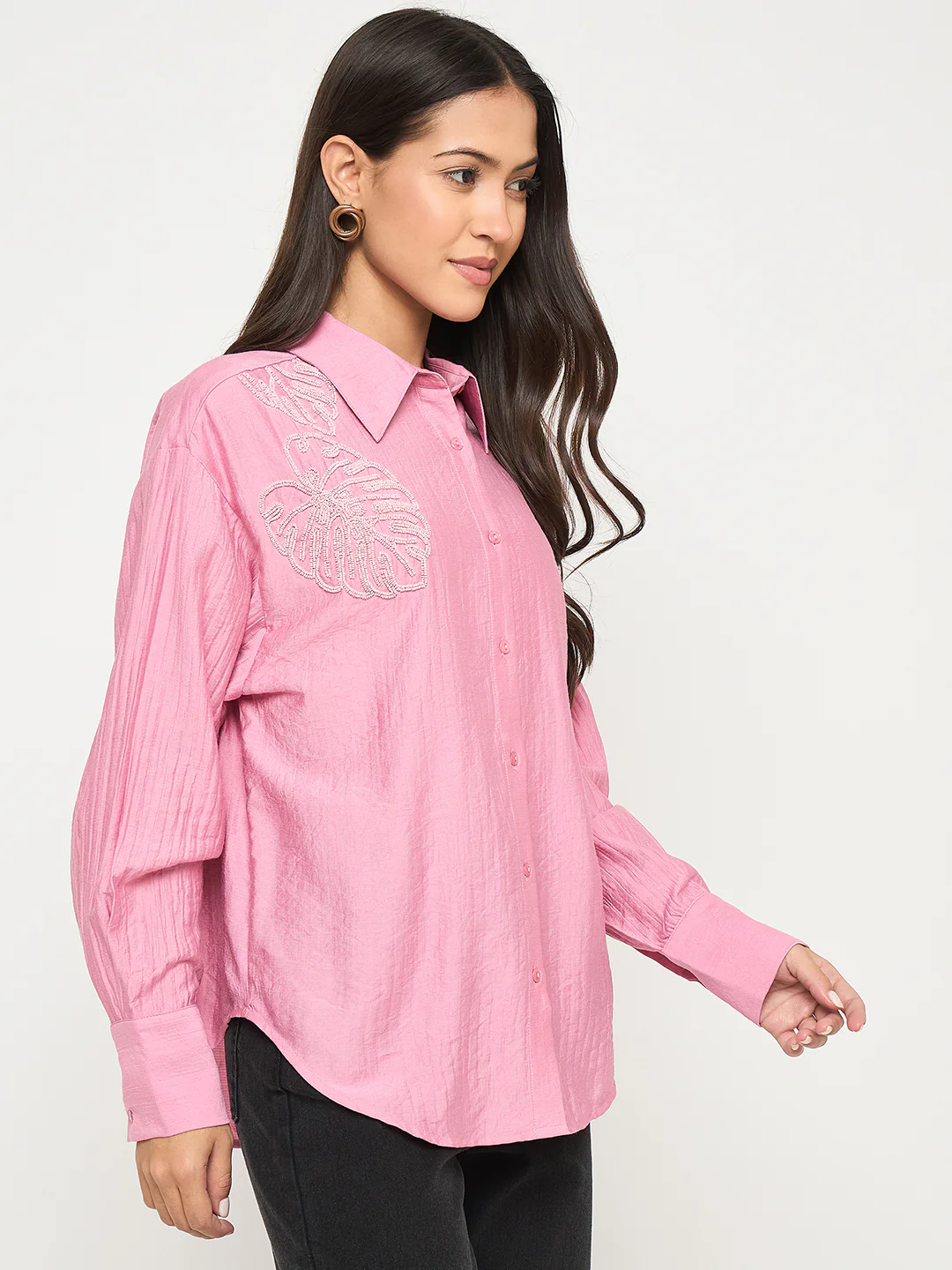 Madame Textured Botanical Embellishment Dusty Pink Shirt - Image 4