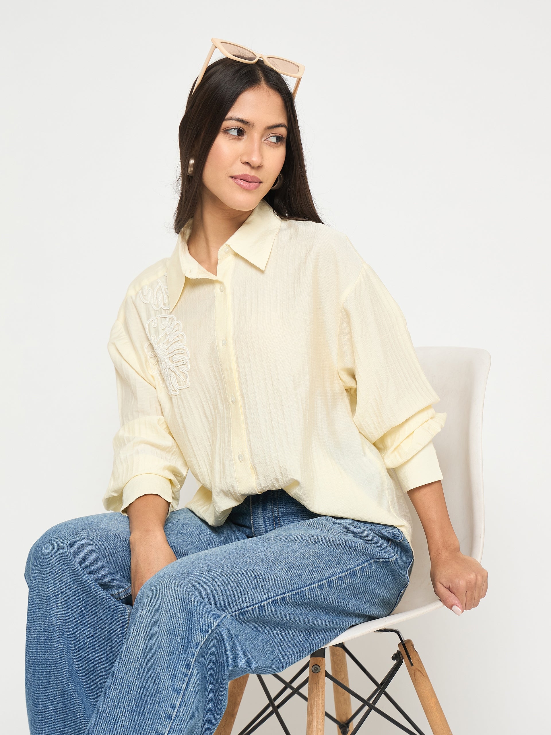 Madame Botanical Embroidery Off White Rayon Blend Shirt