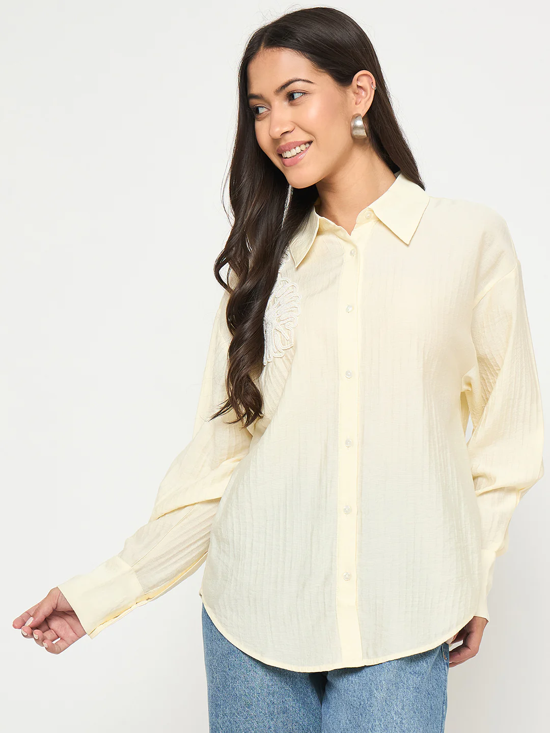 Madame Botanical Embroidery Off White Rayon Blend Shirt - Image 3