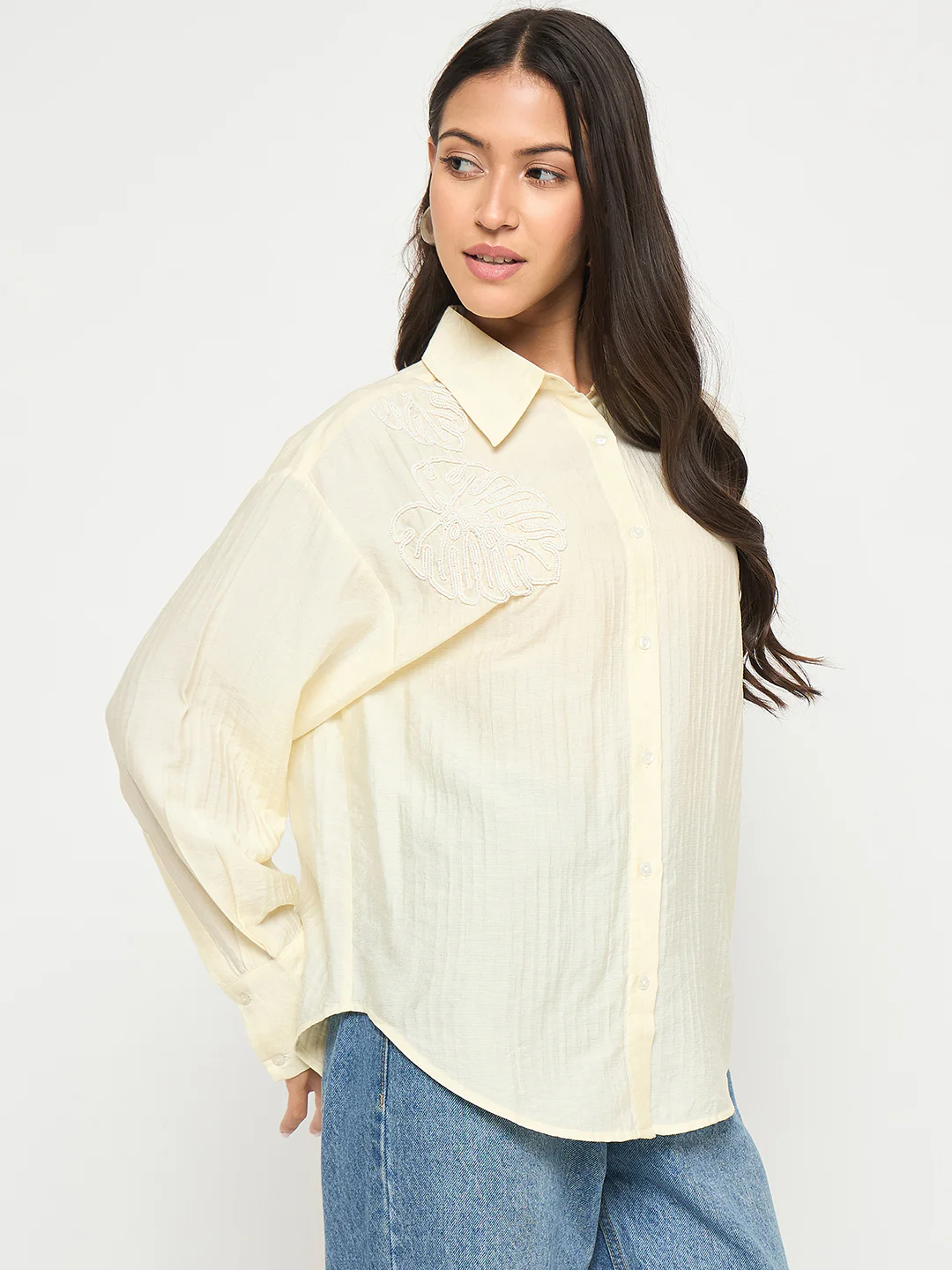 Madame Botanical Embroidery Off White Rayon Blend Shirt - Image 4