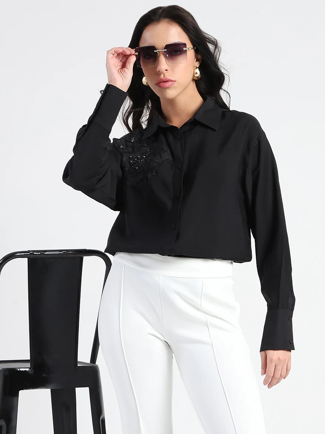 Madame Crushed Tissue Embroidered Black Shirt