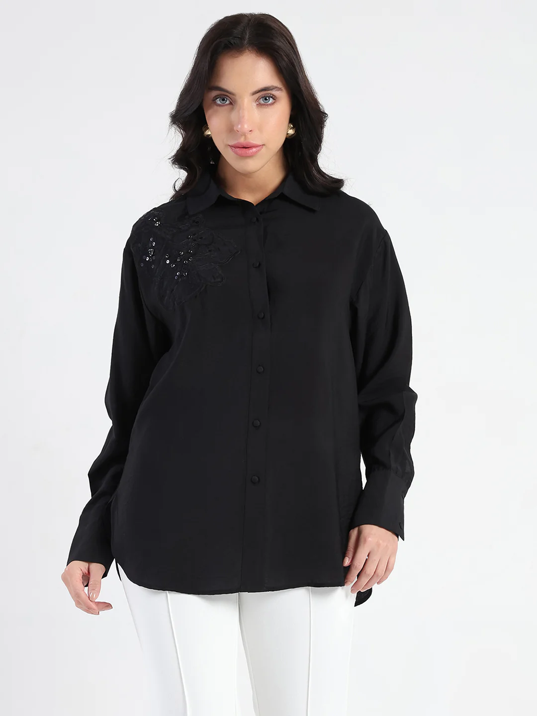 Madame Crushed Tissue Embroidered Black Shirt - Image 3