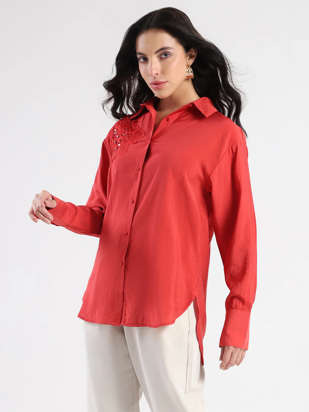 Madame Embellished Patch Red Nylon Blend Shirt - Image 4