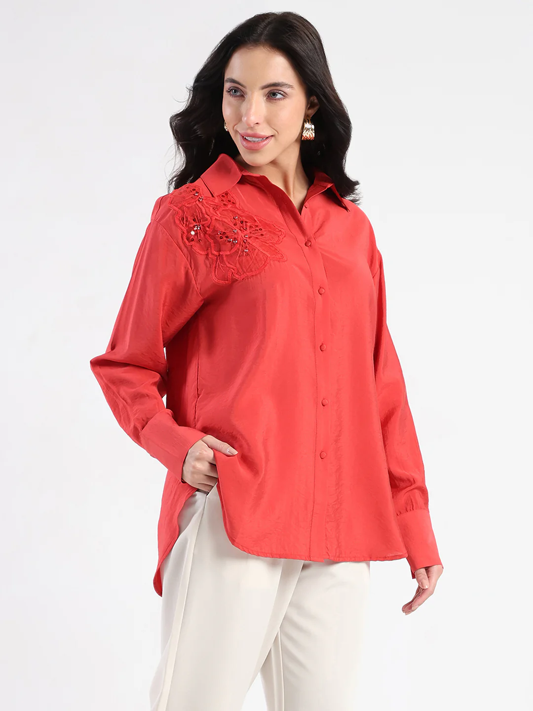 Madame Embellished Patch Red Nylon Blend Shirt - Image 5