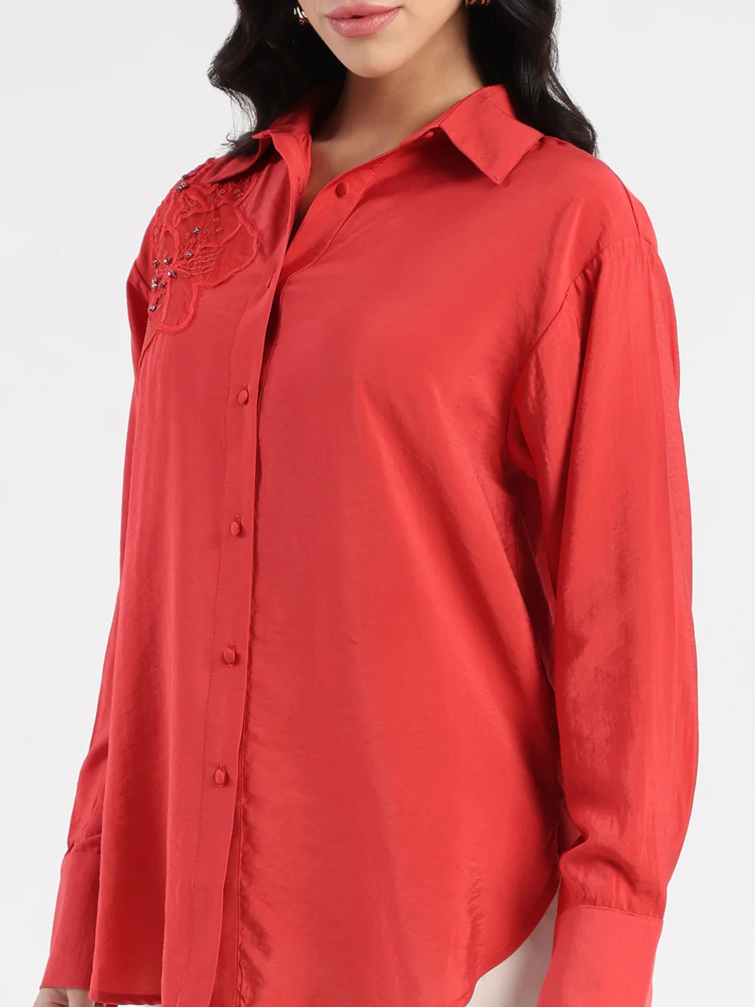 Madame Embellished Patch Red Nylon Blend Shirt - Image 7