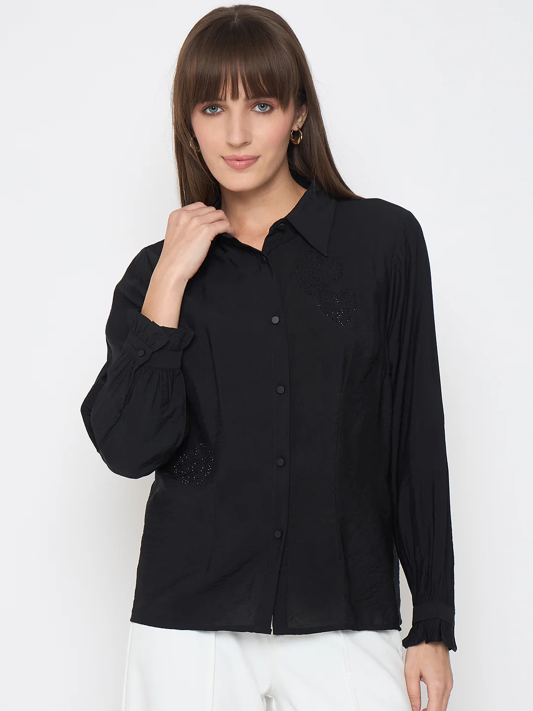 Madame Nylon Blend Heart Embellished Buttoned Black Shirt - Image 3