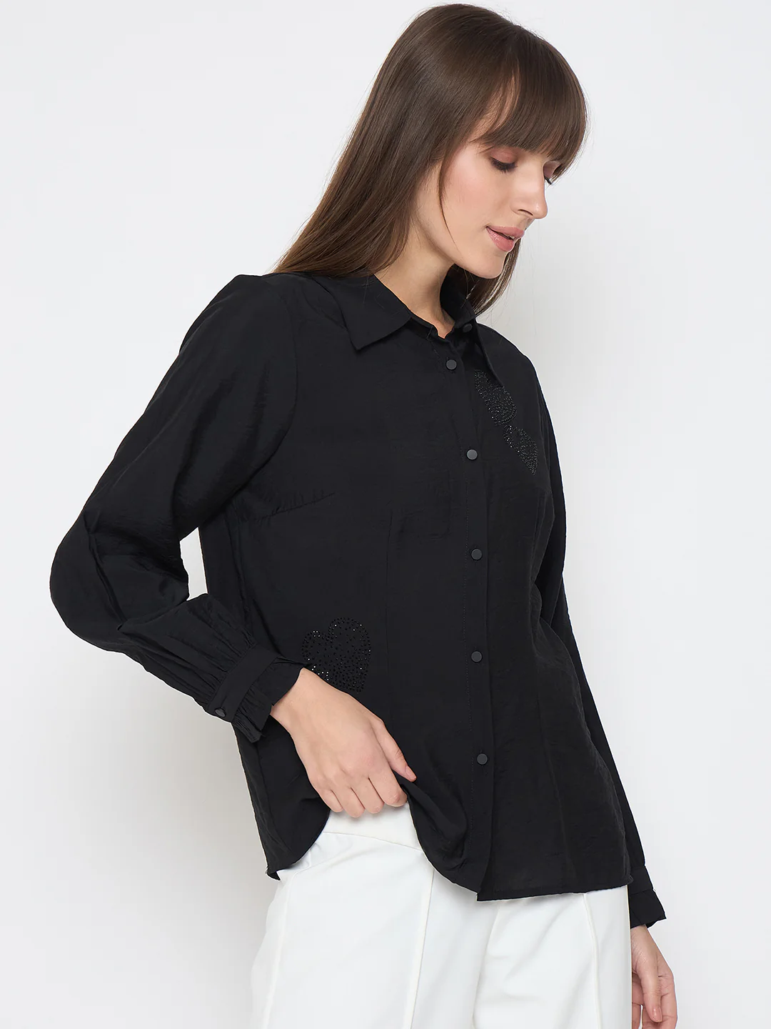 Madame Nylon Blend Heart Embellished Buttoned Black Shirt - Image 4