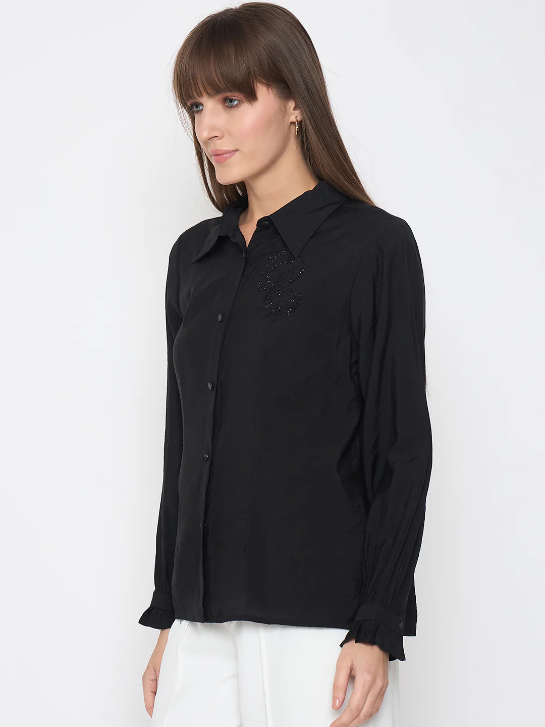 Madame Nylon Blend Heart Embellished Buttoned Black Shirt - Image 5