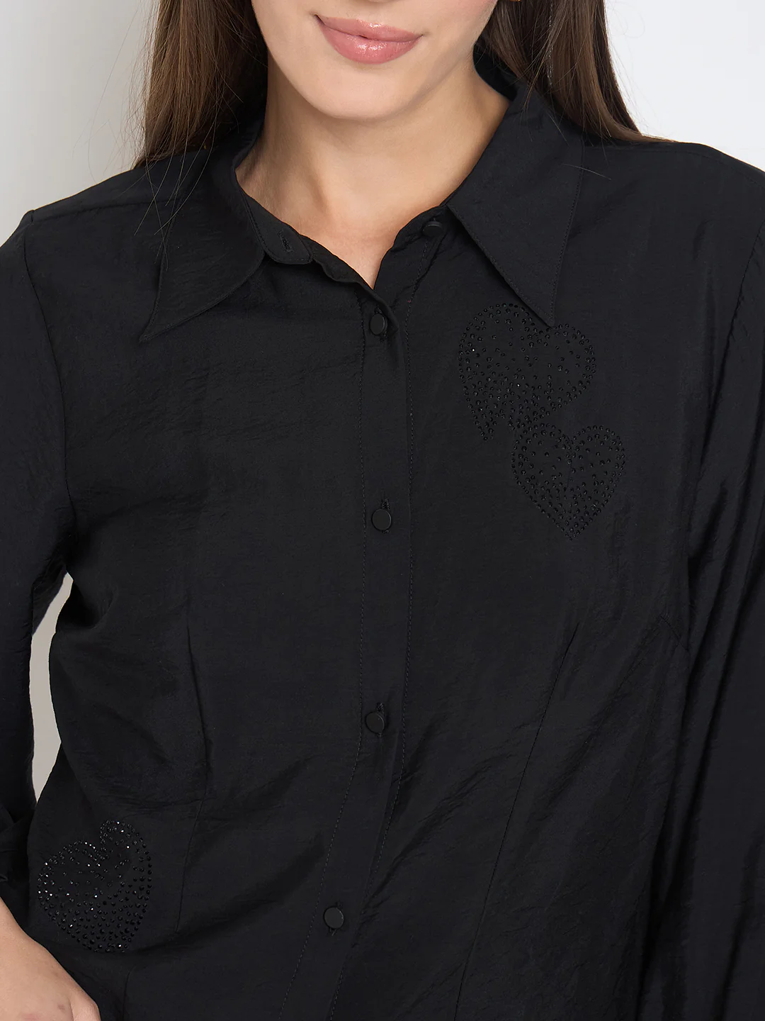 Madame Nylon Blend Heart Embellished Buttoned Black Shirt - Image 7