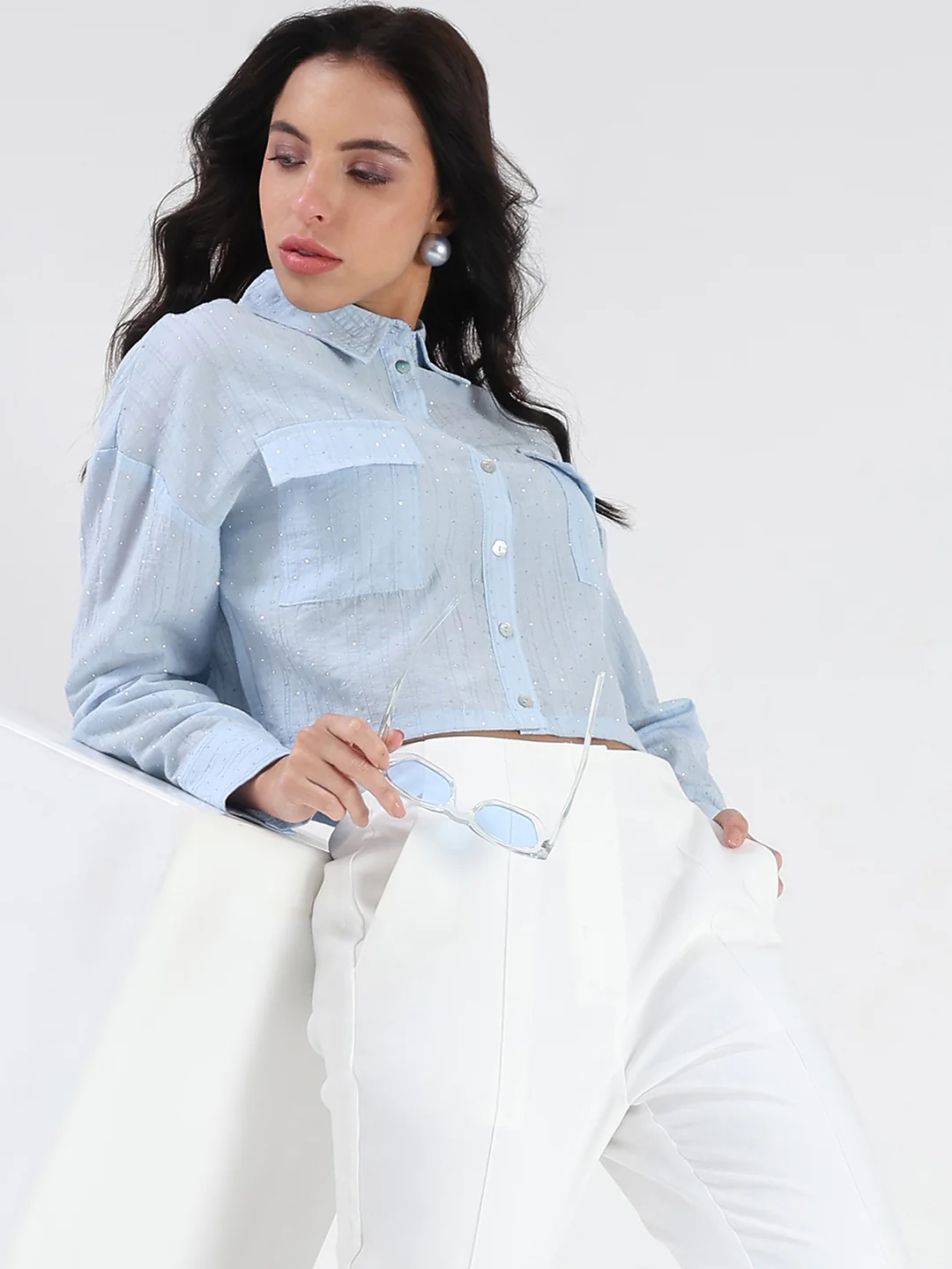Madame D-Ring Straps Shimmer Detail Ice Blue Shirt