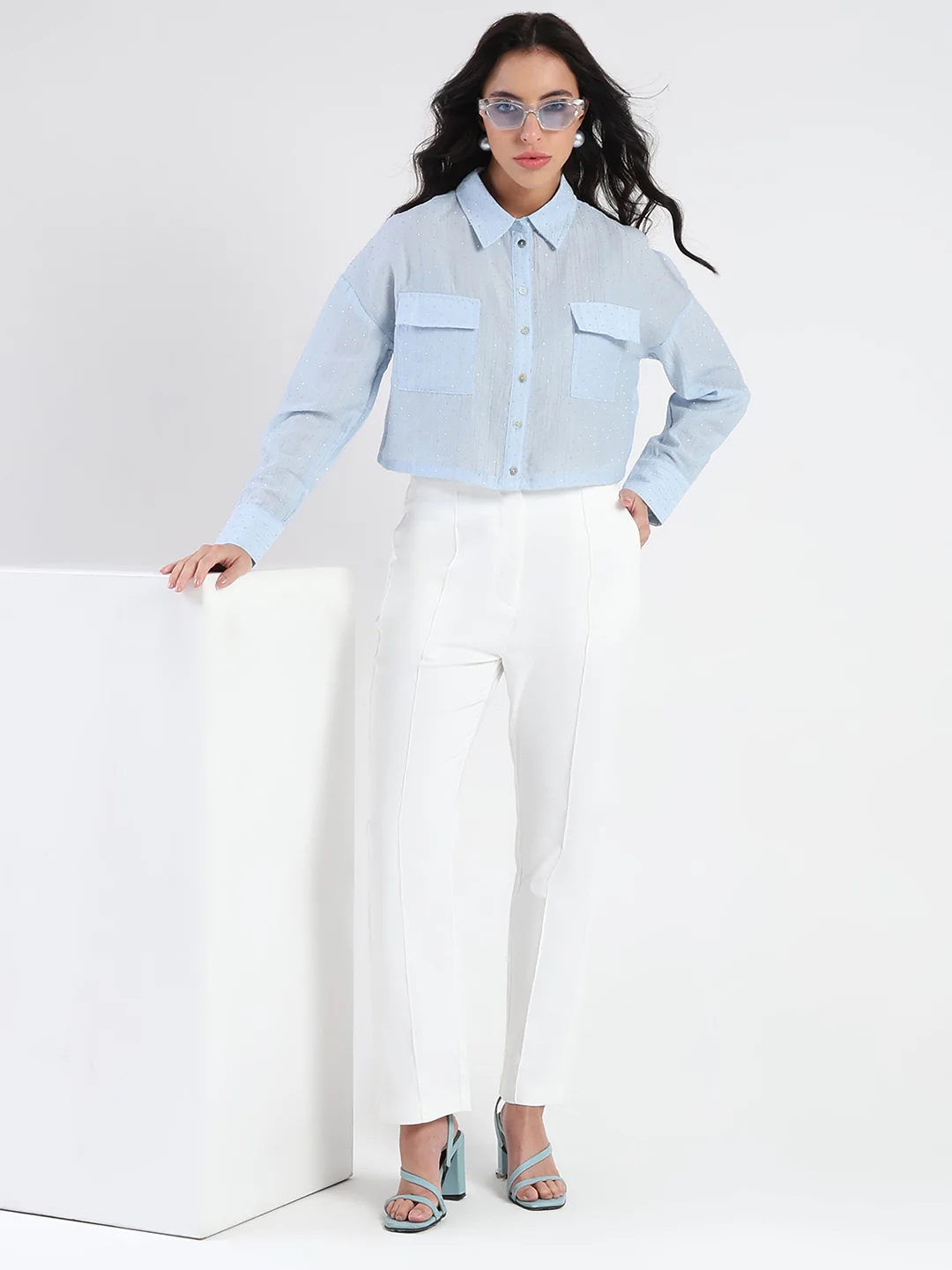 Madame D-Ring Straps Shimmer Detail Ice Blue Shirt - Image 2