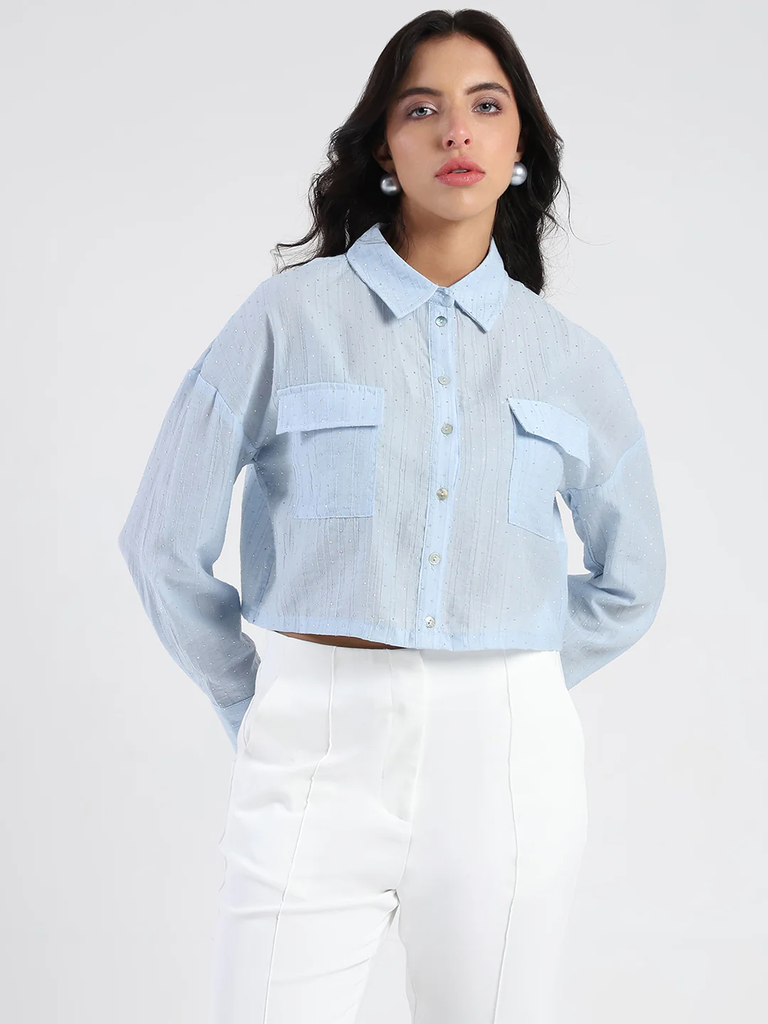 Madame D-Ring Straps Shimmer Detail Ice Blue Shirt - Image 3
