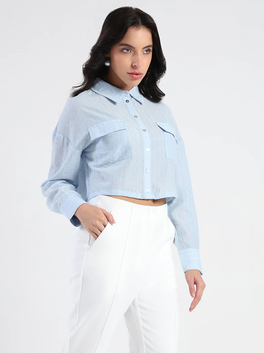Madame D-Ring Straps Shimmer Detail Ice Blue Shirt - Image 4
