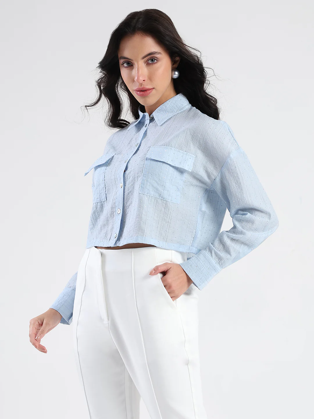 Madame D-Ring Straps Shimmer Detail Ice Blue Shirt - Image 5