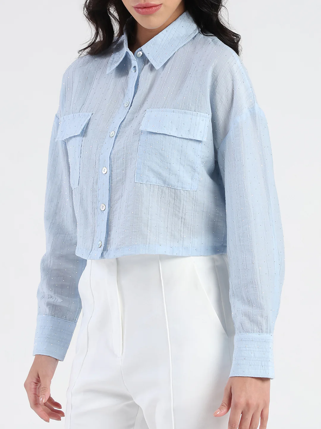 Madame D-Ring Straps Shimmer Detail Ice Blue Shirt - Image 7