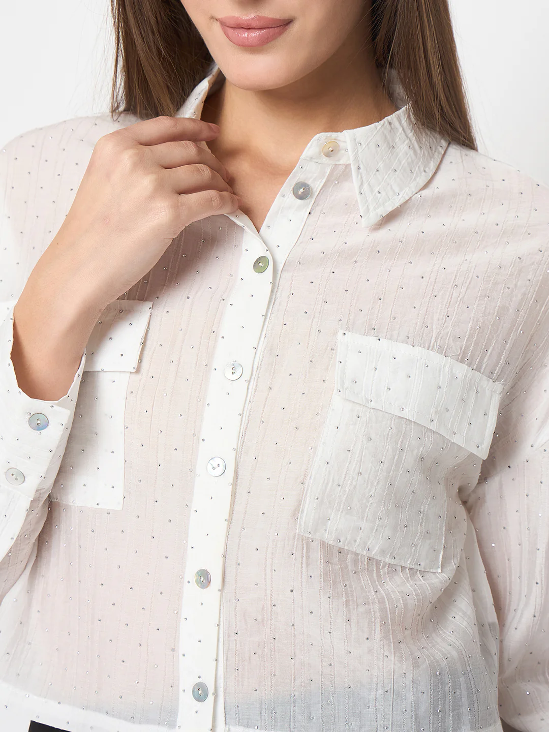 Madame D-Ring Straps Shimmer Detail White Shirt - Image 7