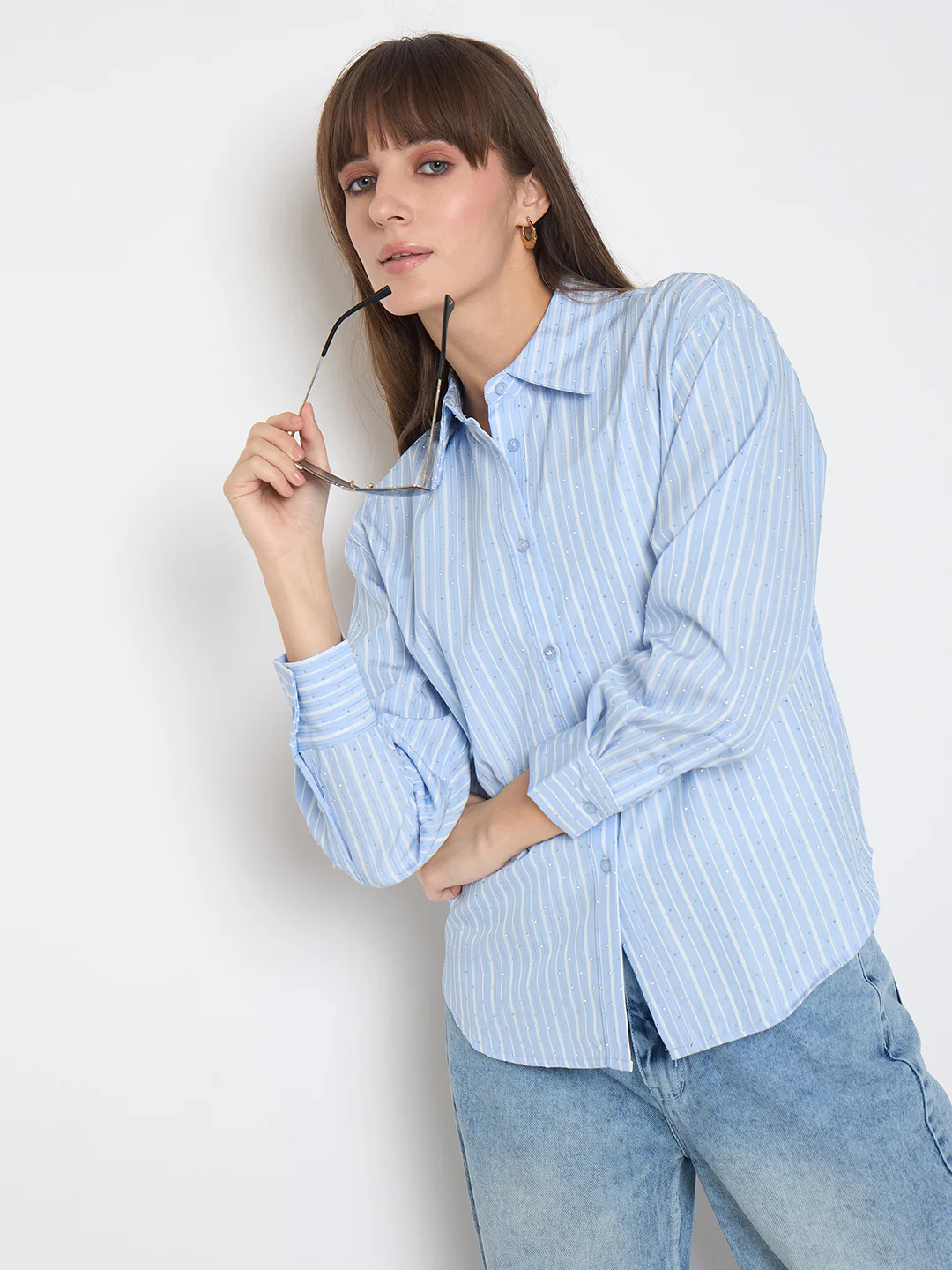 Madame Striped Cuff Sleeve with Shirt Collar Blue Shirt