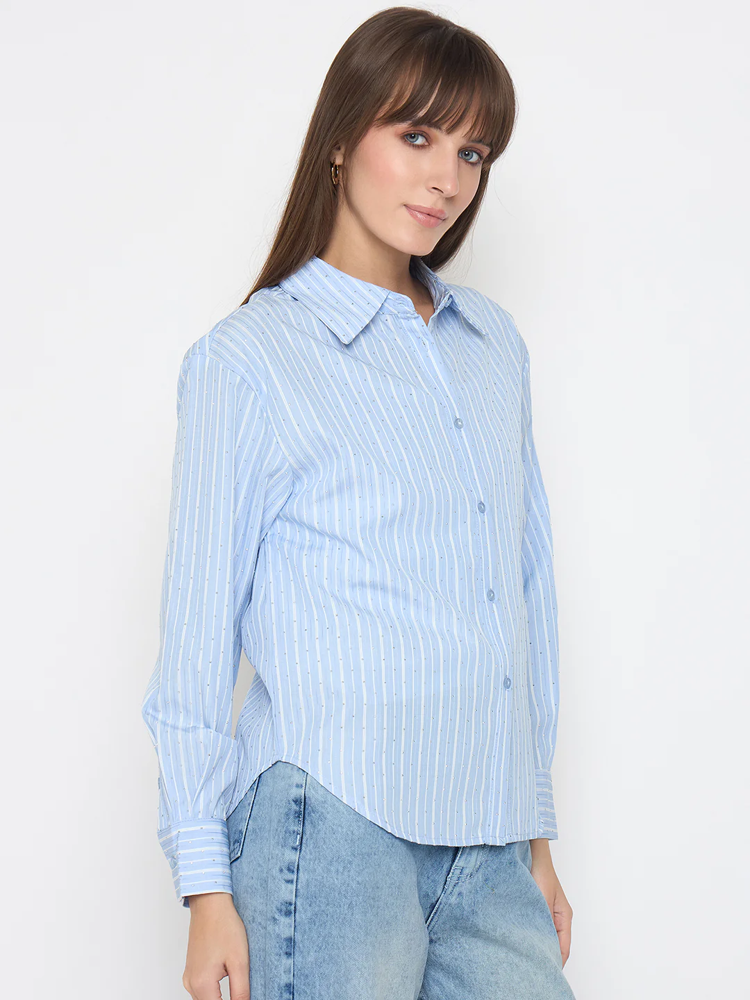 Madame Striped Cuff Sleeve with Shirt Collar Blue Shirt - Image 4