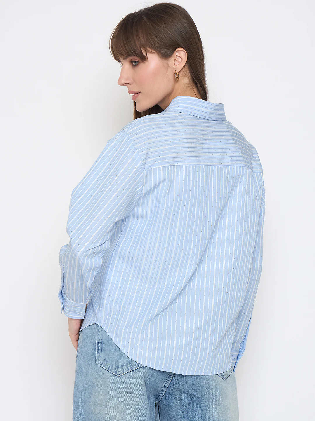 Madame Striped Cuff Sleeve with Shirt Collar Blue Shirt - Image 6