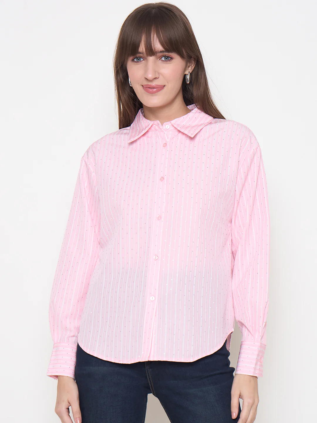 Madame Striped Cuff Sleeve Shirt Collar Pink Shirt - Image 3