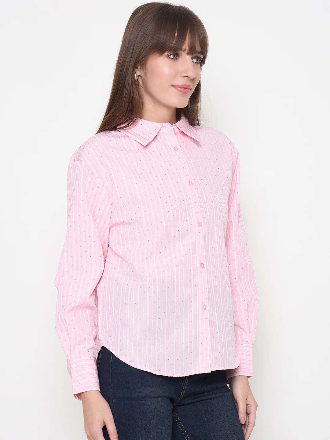 Madame Striped Cuff Sleeve Shirt Collar Pink Shirt - Image 4