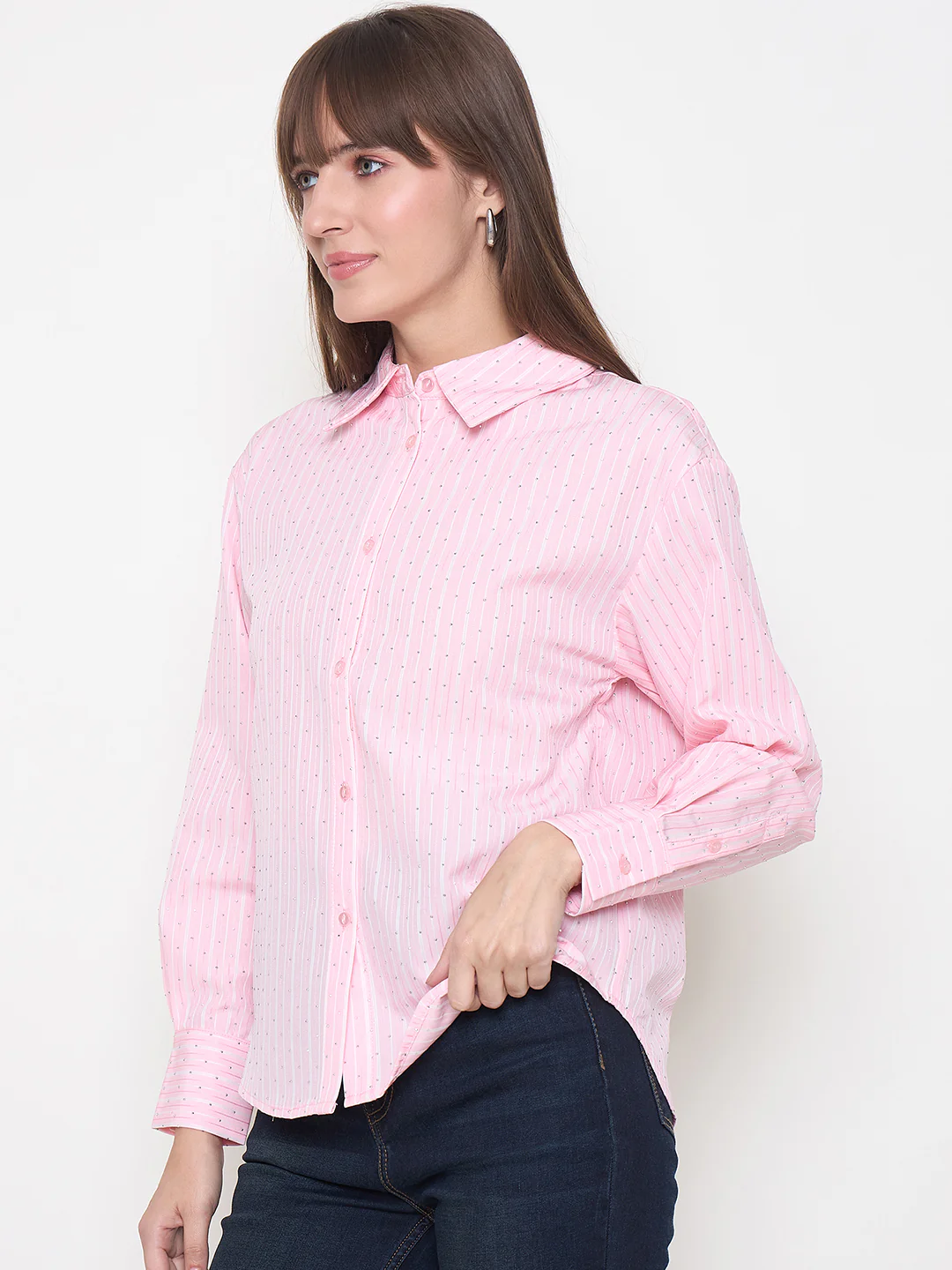 Madame Striped Cuff Sleeve Shirt Collar Pink Shirt - Image 5
