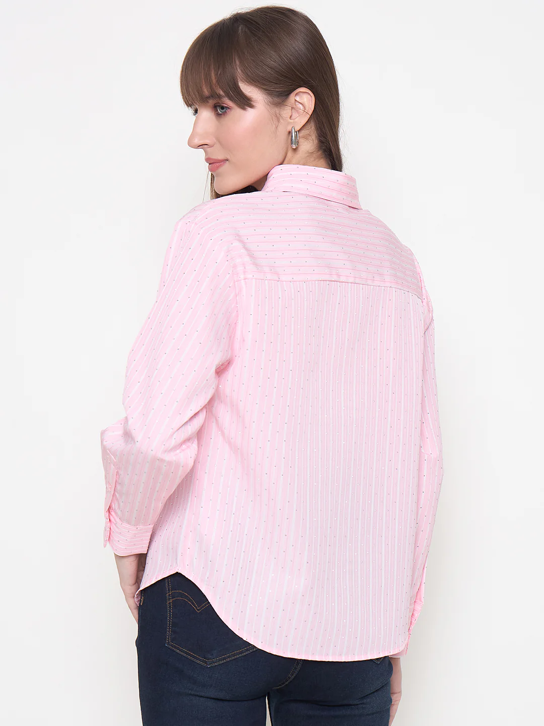 Madame Striped Cuff Sleeve Shirt Collar Pink Shirt - Image 6
