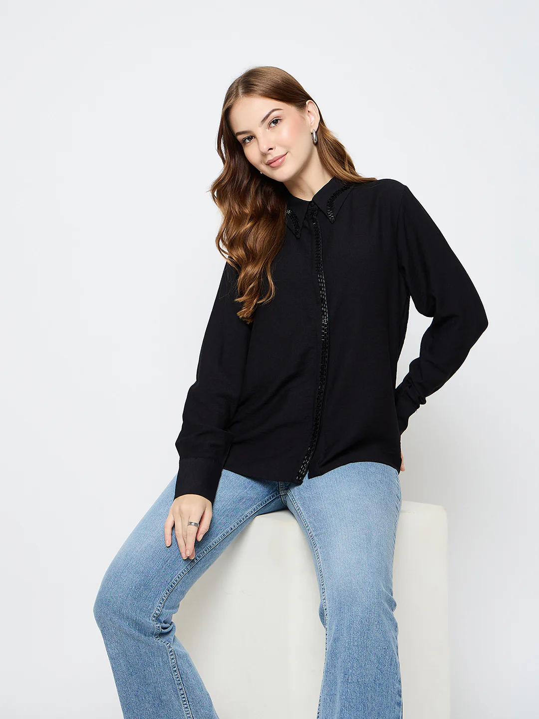 Madame Embellished Rayon Blend Black Shirt - Image 2