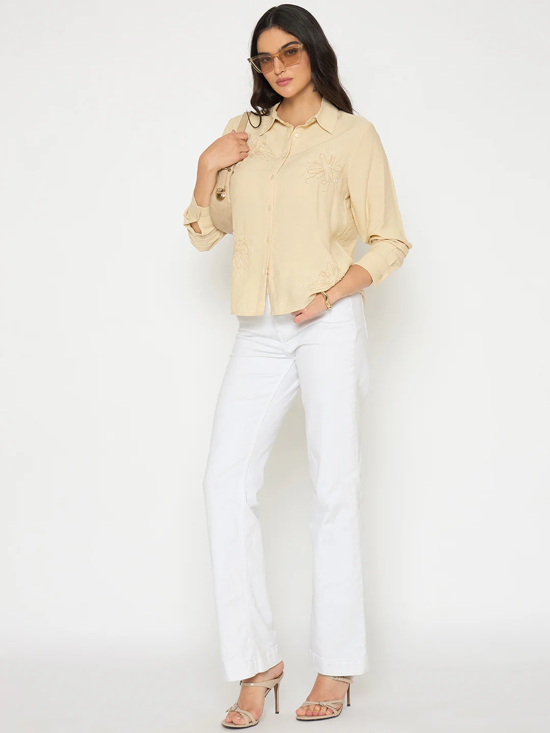 Madame Embellished Beige Rayon Blend Shirt - Image 2