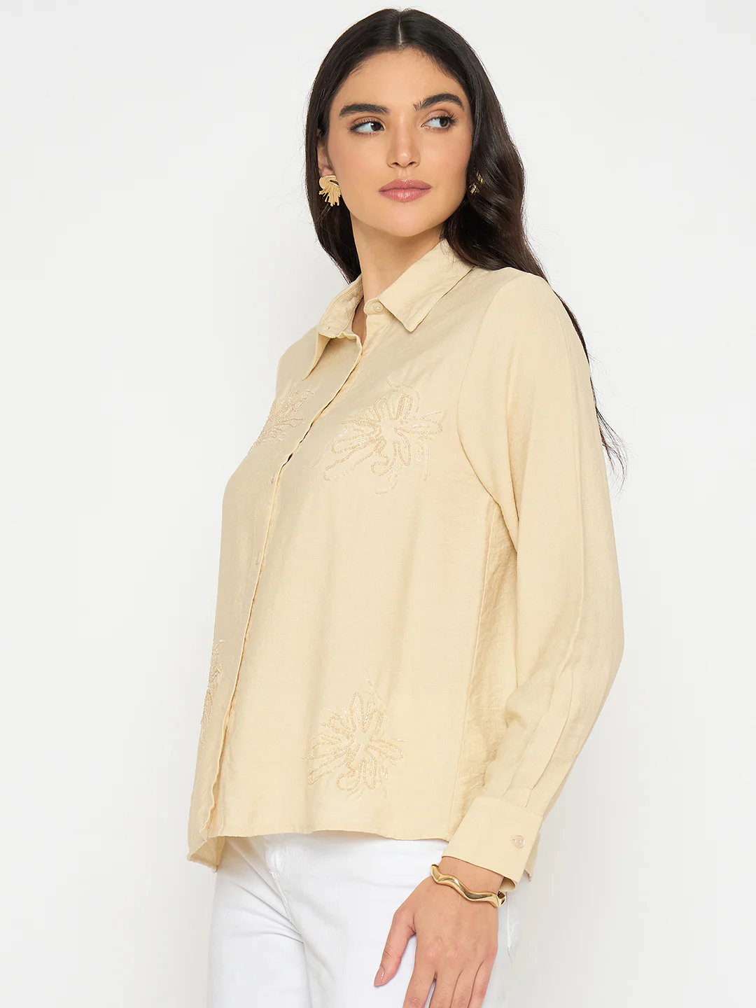 Madame Embellished Beige Rayon Blend Shirt - Image 5