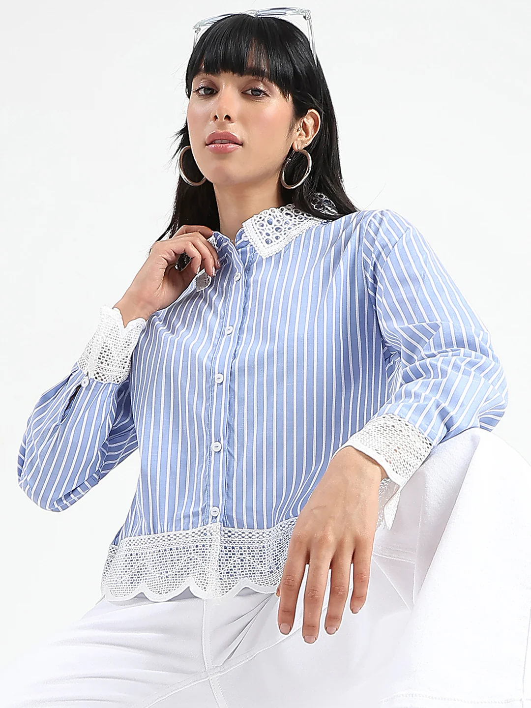 Madame Lace Detailed Cotton Blend Striped Blue Shirt